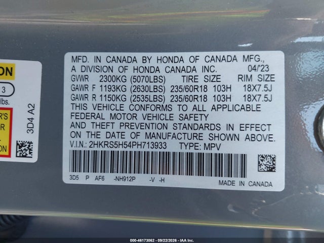 2023 Honda Cr-v Hybrid Sport მანქანა იყიდება აუქციონზე, vin: 2HKRS5H54PH713933, აუქციონის ნომერი: 46173062