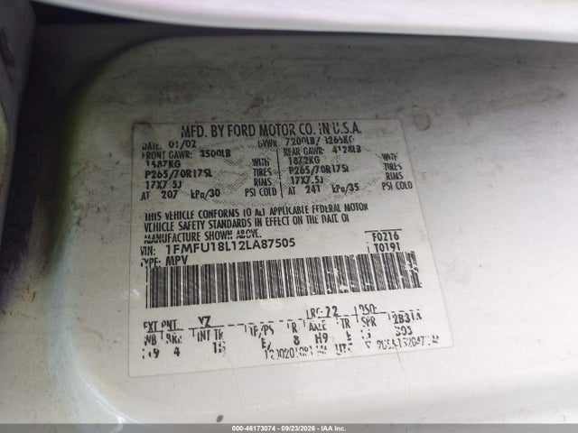 46173074 :رقم المزاد ، 1FMFU18L12LA87505 vin ، 2002 Ford Expedition Eddie Bauer مزاد بيع