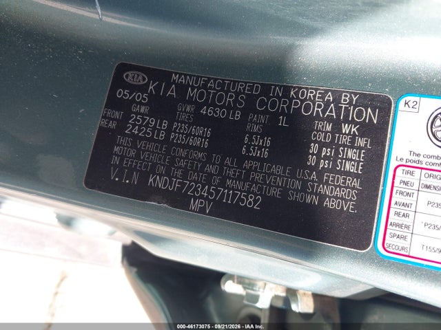 Продаж на аукціоні авто 2005 Kia Sportage Ex V6/lx V6, vin: KNDJF723457117582, номер лоту: 46173075