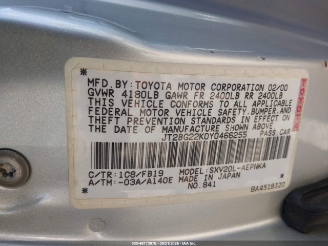 Продаж на аукціоні авто 2000 Toyota Camry Le, vin: JT2BG22K0Y0466255, номер лоту: 46173076