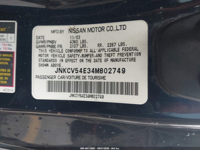 Aukcja sprzedaży 2004 Infiniti G35, vin: JNKCV54E34M802749, numer aukcji: 46173081