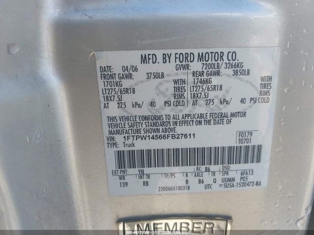 46173099 :رقم المزاد ، 1FTPW14566FB27611 vin ، 2006 Ford F-150 Fx4/lariat/xlt مزاد بيع