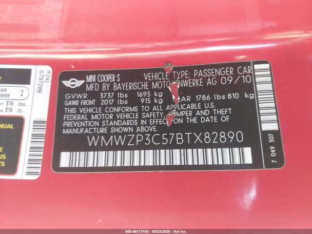 Продажа на аукционе авто 2011 Mini Cooper S, vin: WMWZP3C57BTX82890, номер лота: 46173105