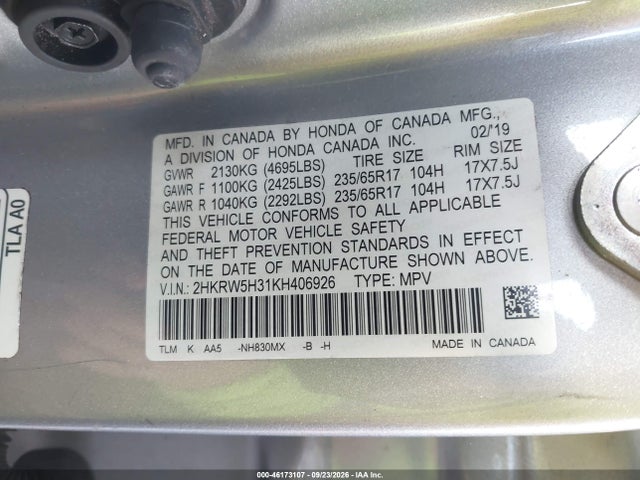 46173107 :رقم المزاد ، 2HKRW5H31KH406926 vin ، 2019 Honda Cr-v Lx مزاد بيع