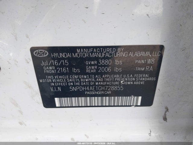 46173115 :رقم المزاد ، 5NPDH4AE1GH728855 vin ، 2016 Hyundai Elantra Se مزاد بيع
