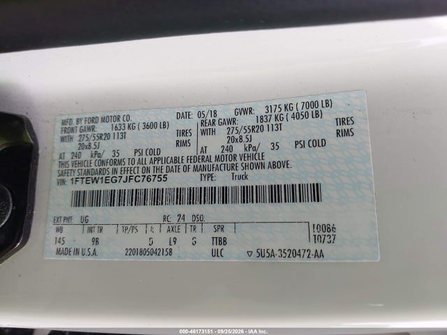 46173151 :رقم المزاد ، 1FTEW1EG7JFC76755 vin ، 2018 Ford F-150 Platinum مزاد بيع