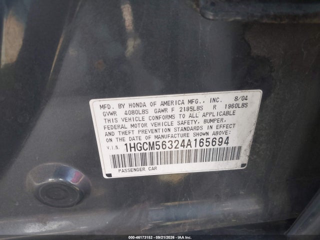 Aukcja sprzedaży 2004 Honda Accord 2.4 Lx, vin: 1HGCM56324A165694, numer aukcji: 46173152