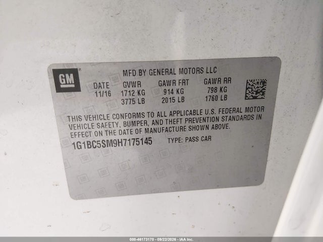 Продаж на аукціоні авто 2017 Chevrolet Cruze Ls Auto, vin: 1G1BC5SM9H7175145, номер лоту: 46173170