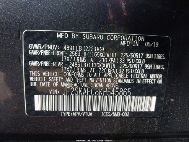 2019 Subaru Forester Premium მანქანა იყიდება აუქციონზე, vin: JF2SKAEC8KH545865, აუქციონის ნომერი: 46173185