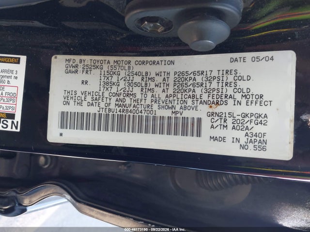 2004 Toyota 4runner Sr5 V6 მანქანა იყიდება აუქციონზე, vin: JTEBU14R840047001, აუქციონის ნომერი: 46173190