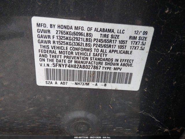 Aukcja sprzedaży 2010 Honda Pilot Touring, vin: 5FNYF4H82AB027867, numer aukcji: 46173195