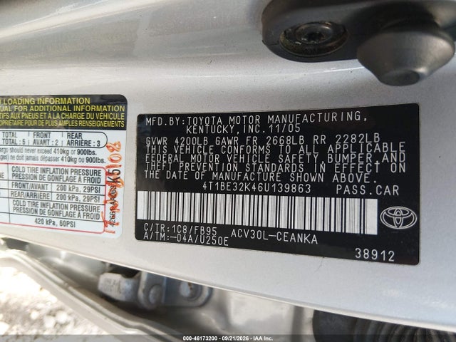 Продажа на аукционе авто 2006 Toyota Camry Std, vin: 4T1BE32K46U139863, номер лота: 46173200