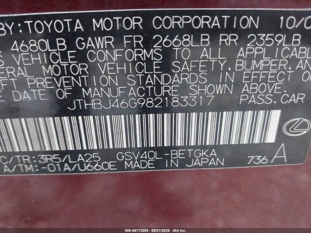 46173205 :رقم المزاد ، JTHBJ46G982183317 vin ، 2008 Lexus Es 350 مزاد بيع