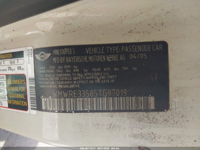 Продаж на аукціоні авто 2005 Mini Cooper S, vin: WMWRE33585TG97019, номер лоту: 46173212