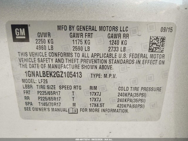 46173214 :رقم المزاد ، 1GNALBEK2GZ105413 vin ، 2016 Chevrolet Equinox Ls مزاد بيع