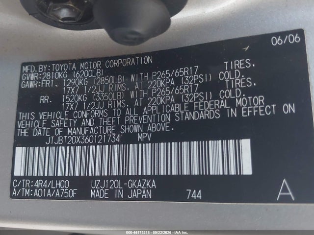 Aukcja sprzedaży 2006 Lexus Gx 470, vin: JTJBT20X360121734, numer aukcji: 46173218