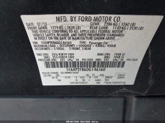 Aukcja sprzedaży 2013 Ford Taurus Limited, vin: 1FAHP2F86DG146560, numer aukcji: 46173239