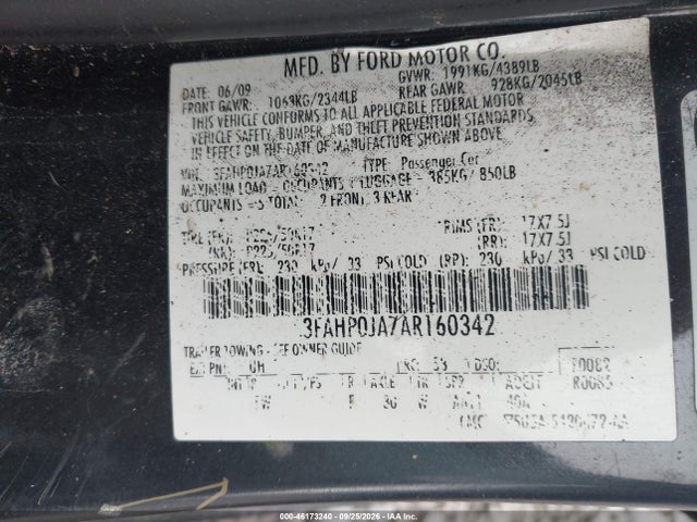 2010 Ford Fusion Sel მანქანა იყიდება აუქციონზე, vin: 3FAHP0JA7AR160342, აუქციონის ნომერი: 46173240
