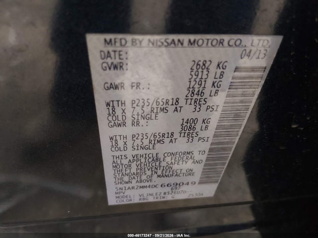 Aukcja sprzedaży 2013 Nissan Pathfinder Sv, vin: 5N1AR2MM4DC669049, numer aukcji: 46173247