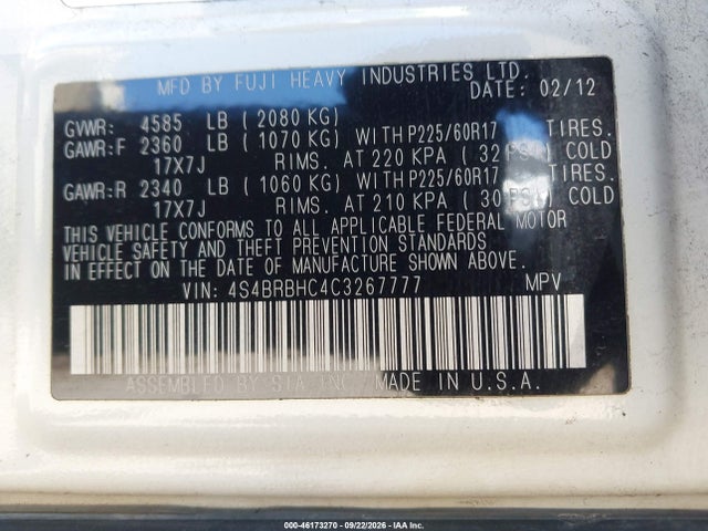 Aukcja sprzedaży 2012 Subaru Outback 2.5i Premium, vin: 4S4BRBHC4C3267777, numer aukcji: 46173270