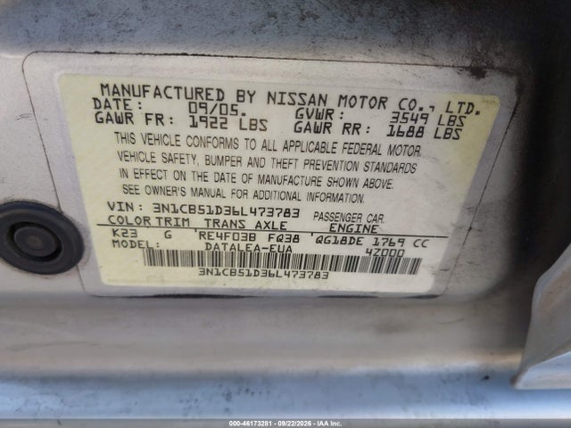 Продажа на аукционе авто 2006 Nissan Sentra 1.8s, vin: 3N1CB51D36L473783, номер лота: 46173281