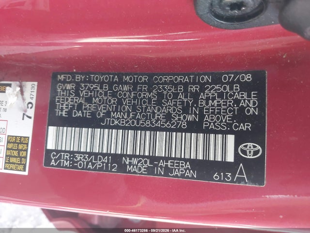 46173286 :رقم المزاد ، JTDKB20U583456278 vin ، 2008 Toyota Prius مزاد بيع