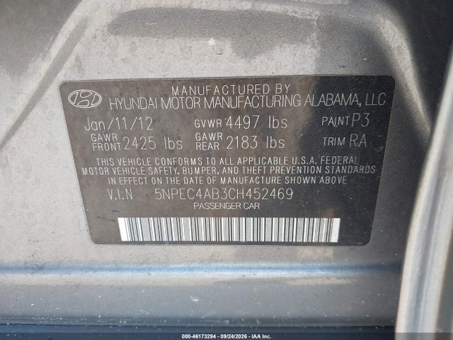 46173294 :رقم المزاد ، 5NPEC4AB3CH452469 vin ، 2012 Hyundai Sonata Se 2.0t مزاد بيع
