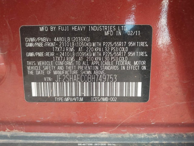 46173299 :رقم المزاد ، JF2SHAEC0BH749753 vin ، 2011 Subaru Forester 2.5x Limited مزاد بيع