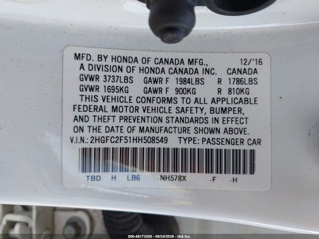 Aukcja sprzedaży 2017 Honda Civic Lx, vin: 2HGFC2F51HH508549, numer aukcji: 46173300