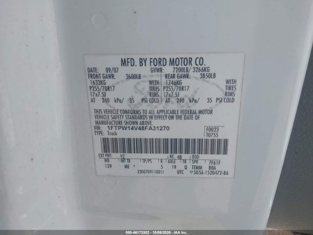Продажа на аукционе авто 2008 Ford F-150 60th Anniversary/fx4/king Ranch/lariat/xlt, vin: 1FTPW14V48FA31270, номер лота: 46173302