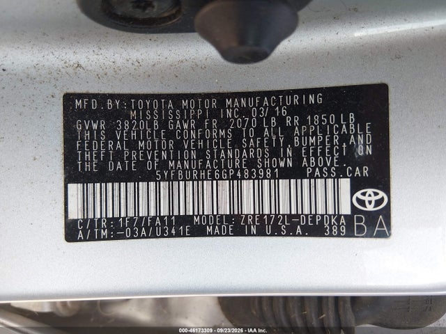 46173309 :رقم المزاد ، 5YFBURHE6GP483981 vin ، 2016 Toyota Corolla L مزاد بيع