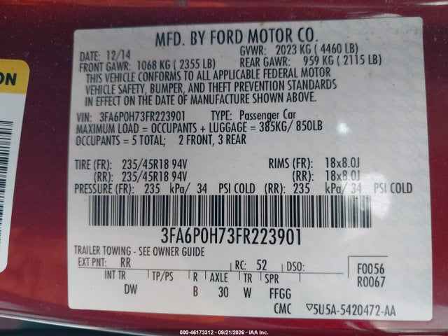 Продажа на аукционе авто 2015 Ford Fusion Se, vin: 3FA6P0H73FR223901, номер лота: 46173312