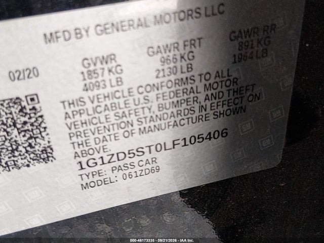 Продажа на аукционе авто 2020 Chevrolet Malibu Fwd Lt, vin: 1G1ZD5ST0LF105406, номер лота: 46173335