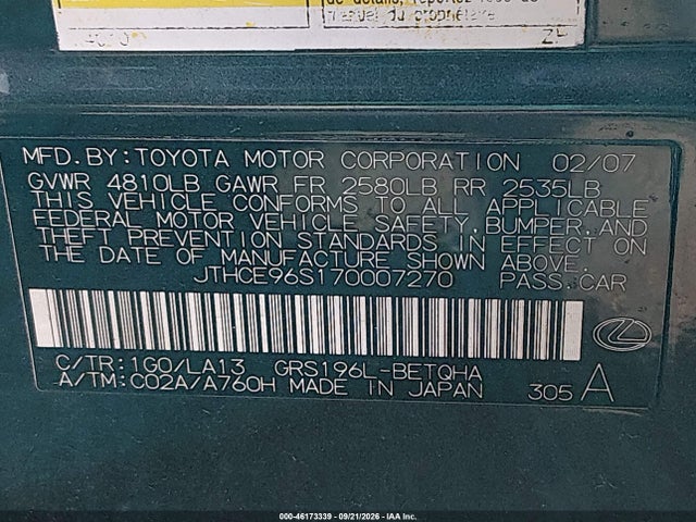 46173339 :رقم المزاد ، JTHCE96S170007270 vin ، 2007 Lexus Gs 350 مزاد بيع