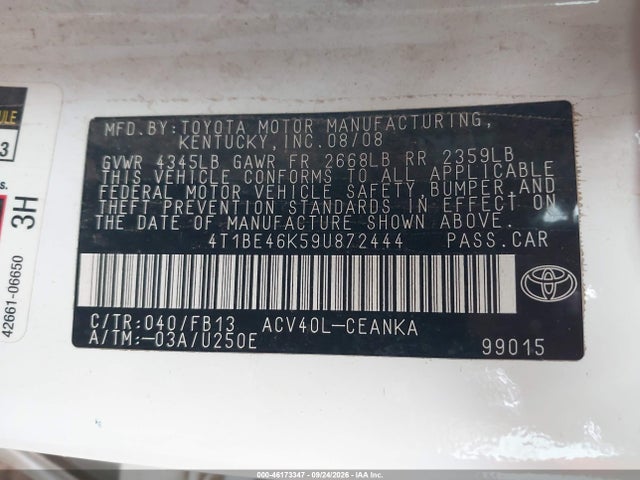 Продаж на аукціоні авто 2009 Toyota Camry Le, vin: 4T1BE46K59U872444, номер лоту: 46173347