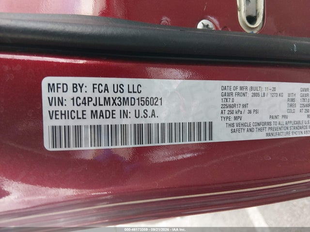 2021 Jeep Cherokee Latitude Lux Fwd მანქანა იყიდება აუქციონზე, vin: 1C4PJLMX3MD156021, აუქციონის ნომერი: 46173359