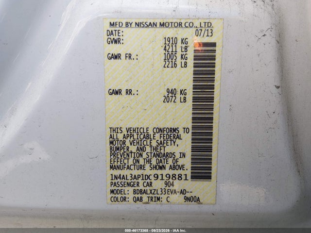 Продаж на аукціоні авто 2013 Nissan Altima 2.5 Sl, vin: 1N4AL3AP1DC919881, номер лоту: 46173368