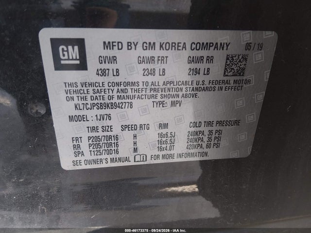 Продаж на аукціоні авто 2019 Chevrolet Trax Lt, vin: KL7CJPSB9KB942778, номер лоту: 46173375
