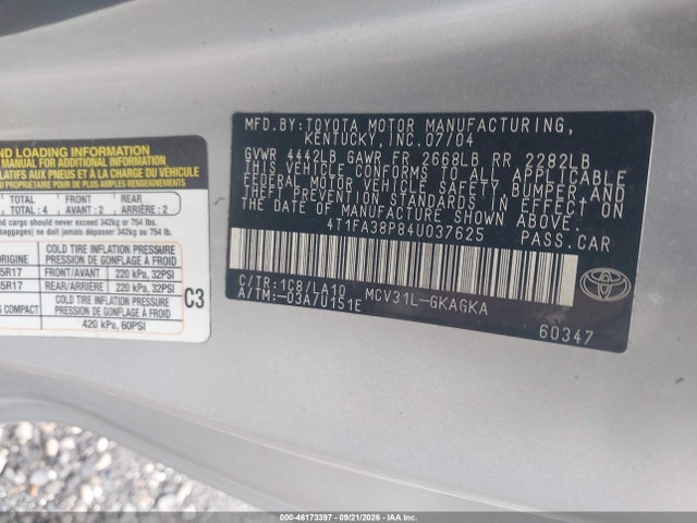 46173397 :رقم المزاد ، 4T1FA38P84U037625 vin ، 2004 Toyota Camry Solara Sle مزاد بيع