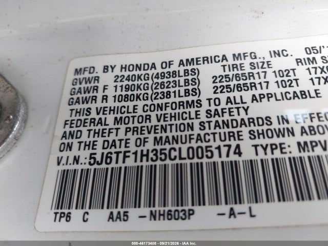 2012 Honda Crosstour Ex მანქანა იყიდება აუქციონზე, vin: 5J6TF1H35CL005174, აუქციონის ნომერი: 46173408
