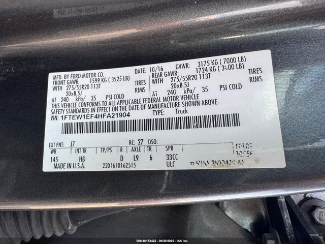 2017 Ford F-150 Lariat მანქანა იყიდება აუქციონზე, vin: 1FTEW1EF4HFA21904, აუქციონის ნომერი: 46173422