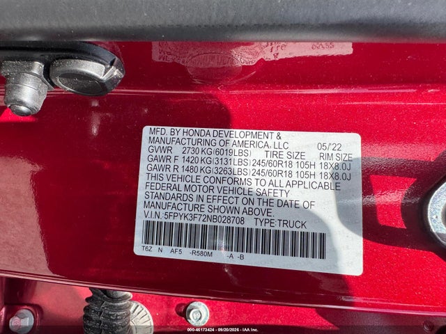 Продаж на аукціоні авто 2022 Honda Ridgeline Rtl-e, vin: 5FPYK3F72NB028708, номер лоту: 46173424