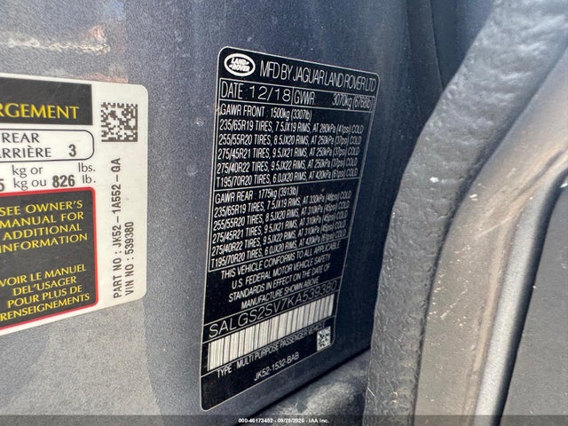 2019 Land Rover Range Rover 3.0l V6 Supercharged Hse მანქანა იყიდება აუქციონზე, vin: SALGS2SV7KA539380, აუქციონის ნომერი: 46173452