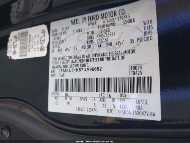 Aukcja sprzedaży 2007 Ford Explorer Sport Trac Xlt, vin: 1FMEU51K57UA96682, numer aukcji: 46173459