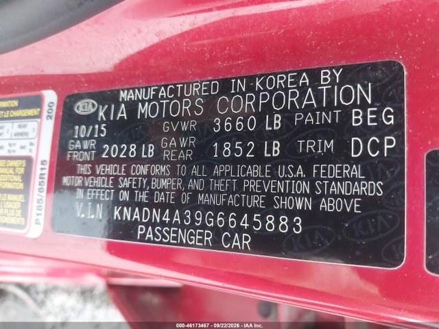 2016 Kia Rio Ex მანქანა იყიდება აუქციონზე, vin: KNADN4A39G6645883, აუქციონის ნომერი: 46173467