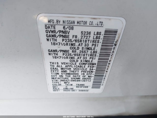 Auction sale of the 2009 Nissan Murano Sl, vin: JN8AZ18W59W139712, lot number: 46173468
