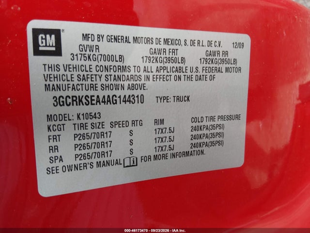 Aukcja sprzedaży 2010 Chevrolet Silverado 1500 Lt, vin: 3GCRKSEA4AG144310, numer aukcji: 46173470