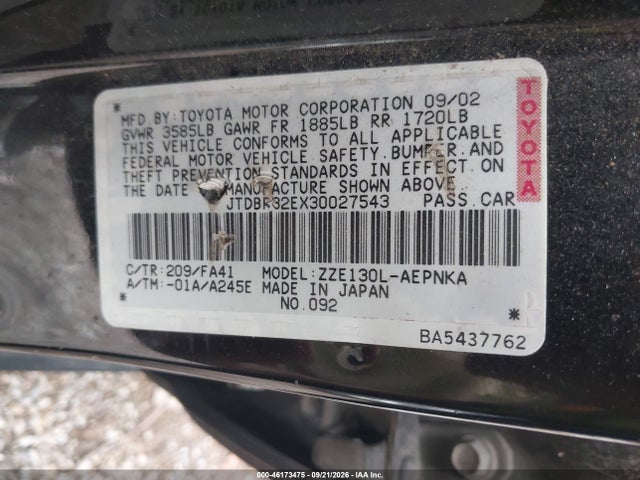 Aukcja sprzedaży 2003 Toyota Corolla Le, vin: JTDBR32EX30027543, numer aukcji: 46173475