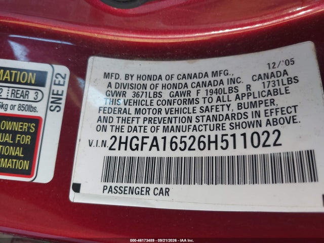 Aukcja sprzedaży 2006 Honda Civic Lx, vin: 2HGFA16526H511022, numer aukcji: 46173489