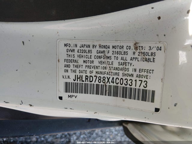 Auction sale of the 2004 Honda Cr-v Ex, vin: JHLRD788X4C033173, lot number: 46173493